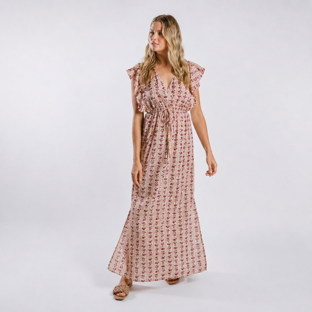 NEW Raga Dalbir Maxi Dress Tan Burgundy Block Print Ruffle Sleeve Small NWT